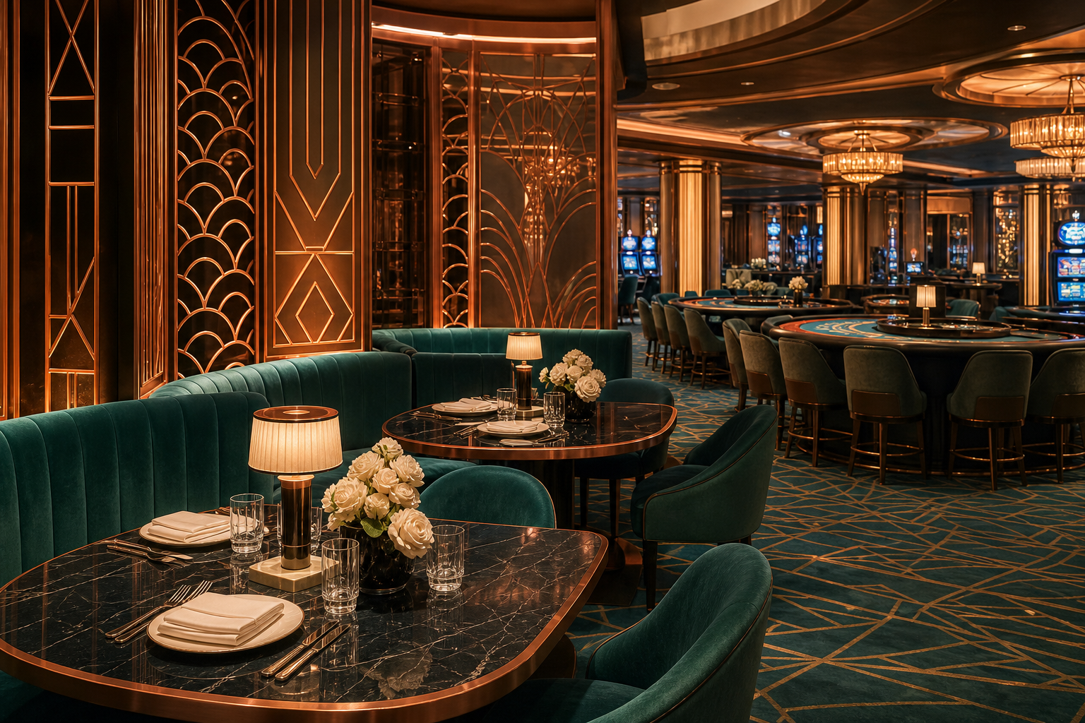 Salon du restaurant casino MonacoBell aux tons cuivre et teal