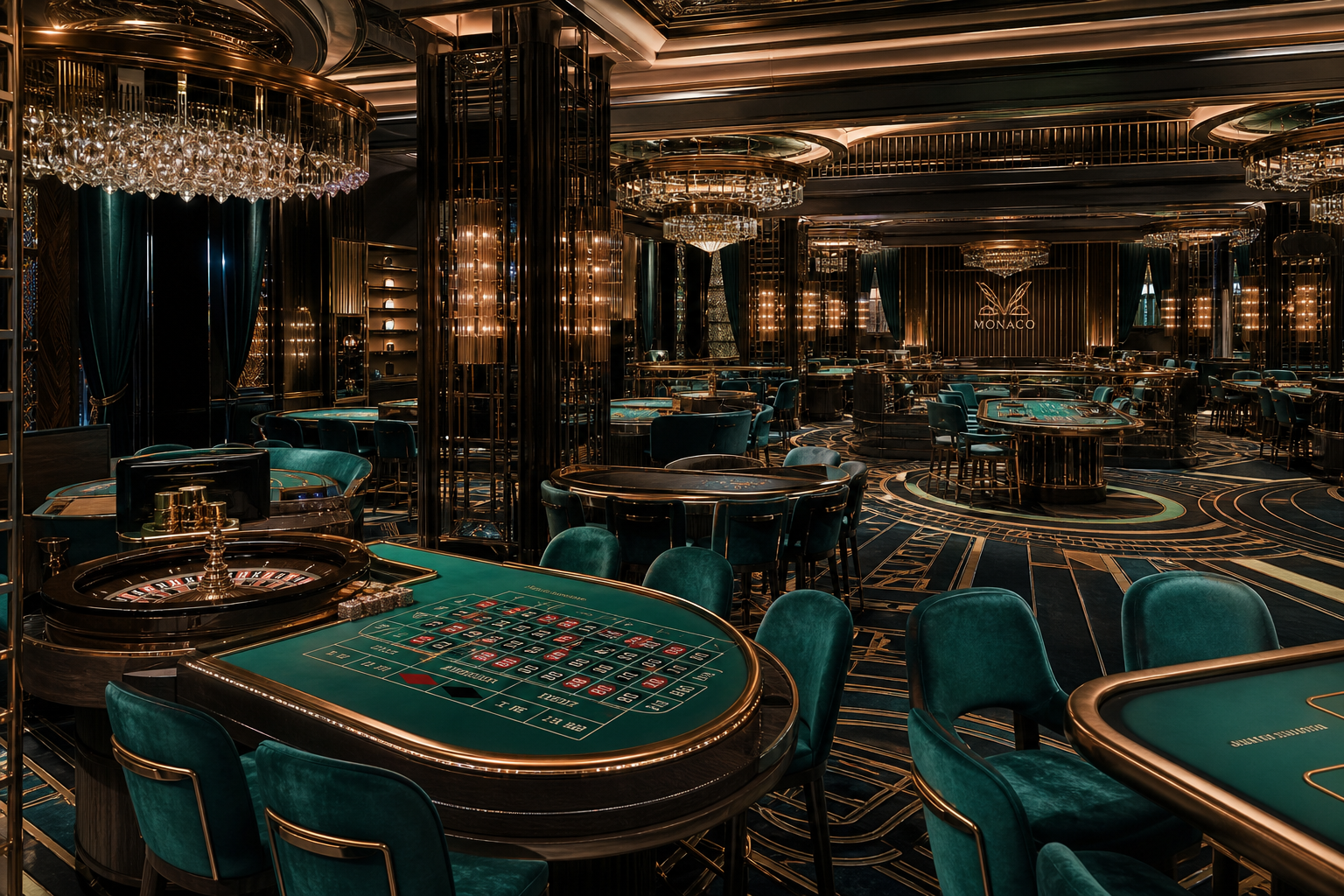 Salle de jeu du casino MonacoBell avec tables de roulette et de cartes